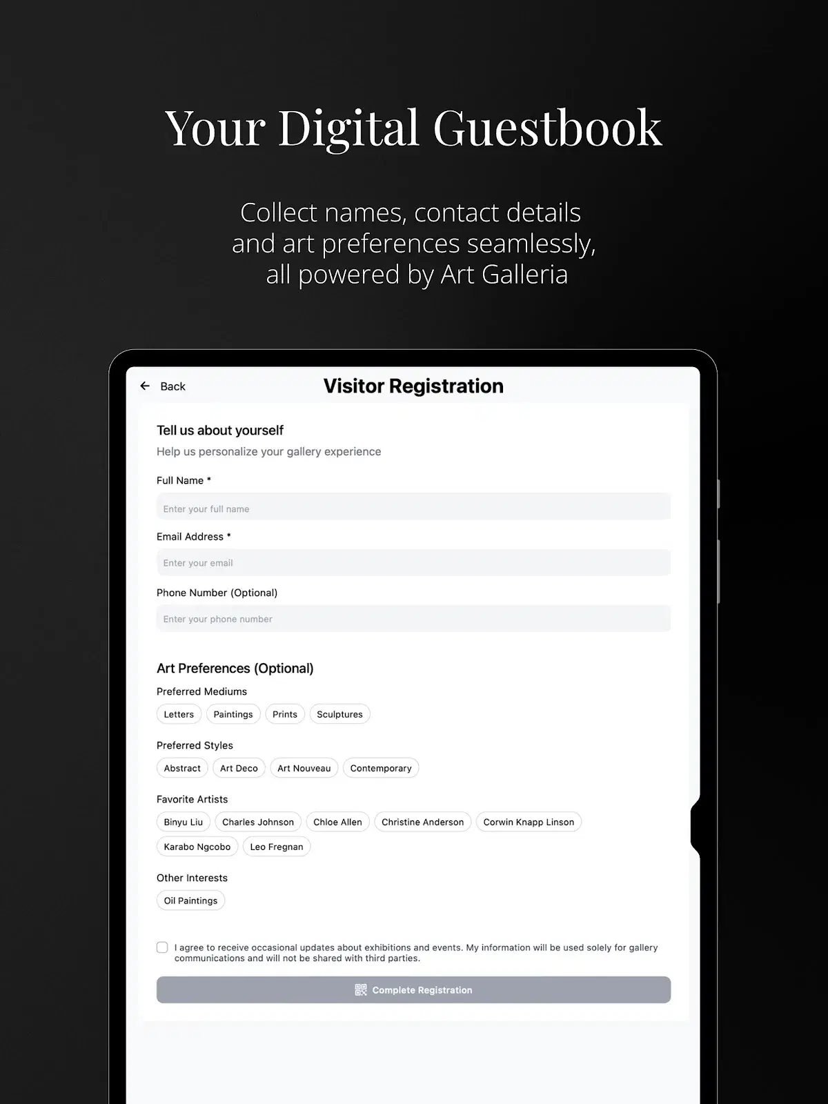 Digital Guestbook visitor registration on On View